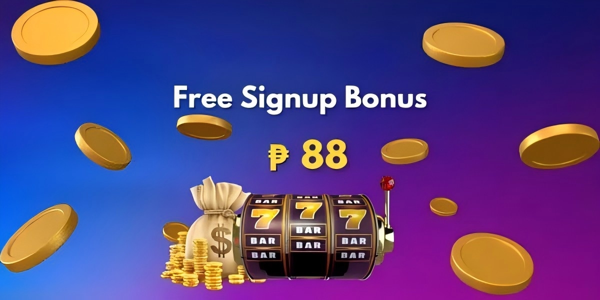 Slot machine showing three 7s beside a money bag and gold coins with a Free Signup Bonus 88 peso offer on a blue-purple gradient