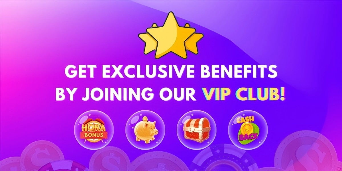 Golden VIP star with bonus badge, piggy bank, treasure chest and cash icons inviting players to join the VIP club on a purple-pink gradient
